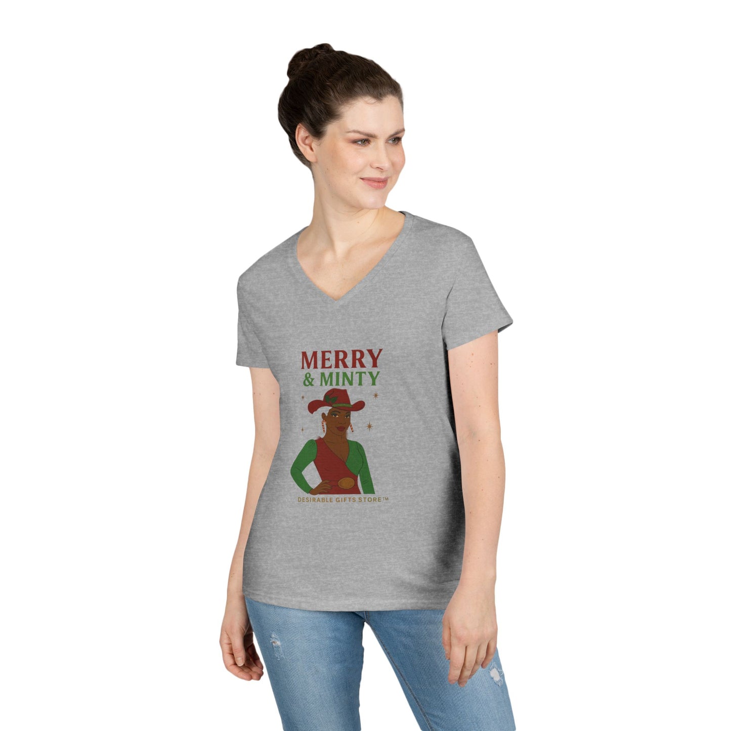 Merry & Minty V-Neck T-Shirt, Festive Ladies Tee, Holiday Shirt, Christmas Gift, Winter Apparel, Cute Casual Wear