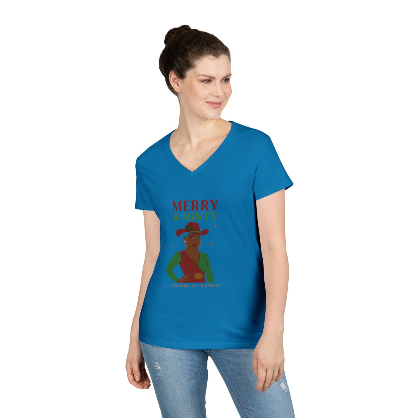 Merry & Minty V-Neck T-Shirt, Festive Ladies Tee, Holiday Shirt, Christmas Gift, Winter Apparel, Cute Casual Wear