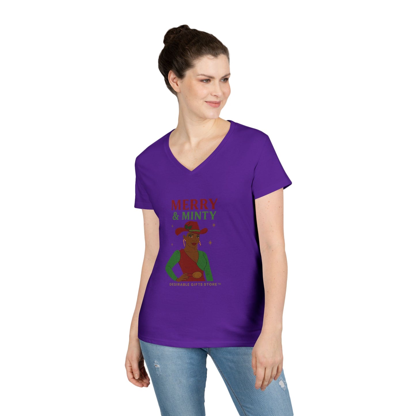 Merry & Minty V-Neck T-Shirt, Festive Ladies Tee, Holiday Shirt, Christmas Gift, Winter Apparel, Cute Casual Wear