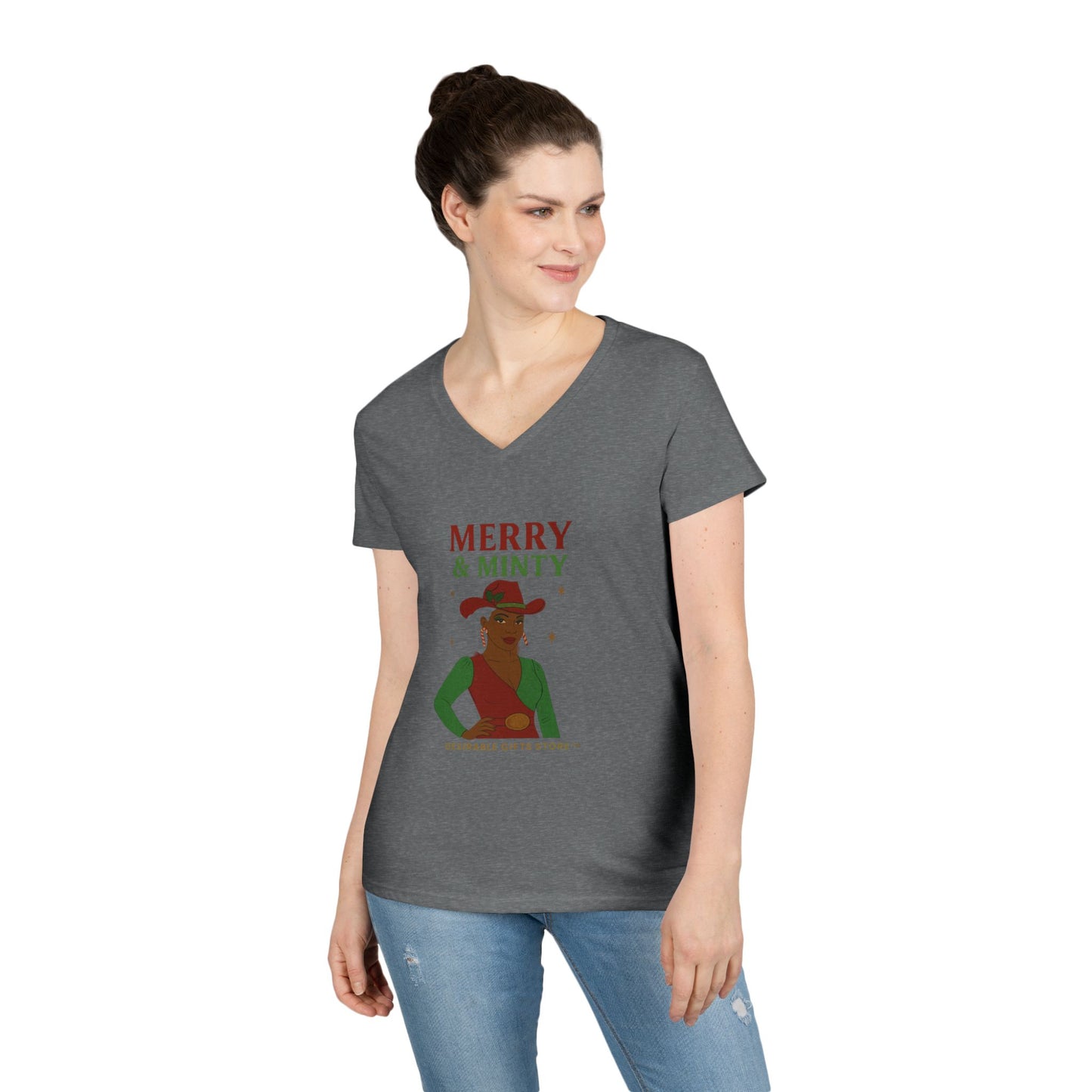 Merry & Minty V-Neck T-Shirt, Festive Ladies Tee, Holiday Shirt, Christmas Gift, Winter Apparel, Cute Casual Wear