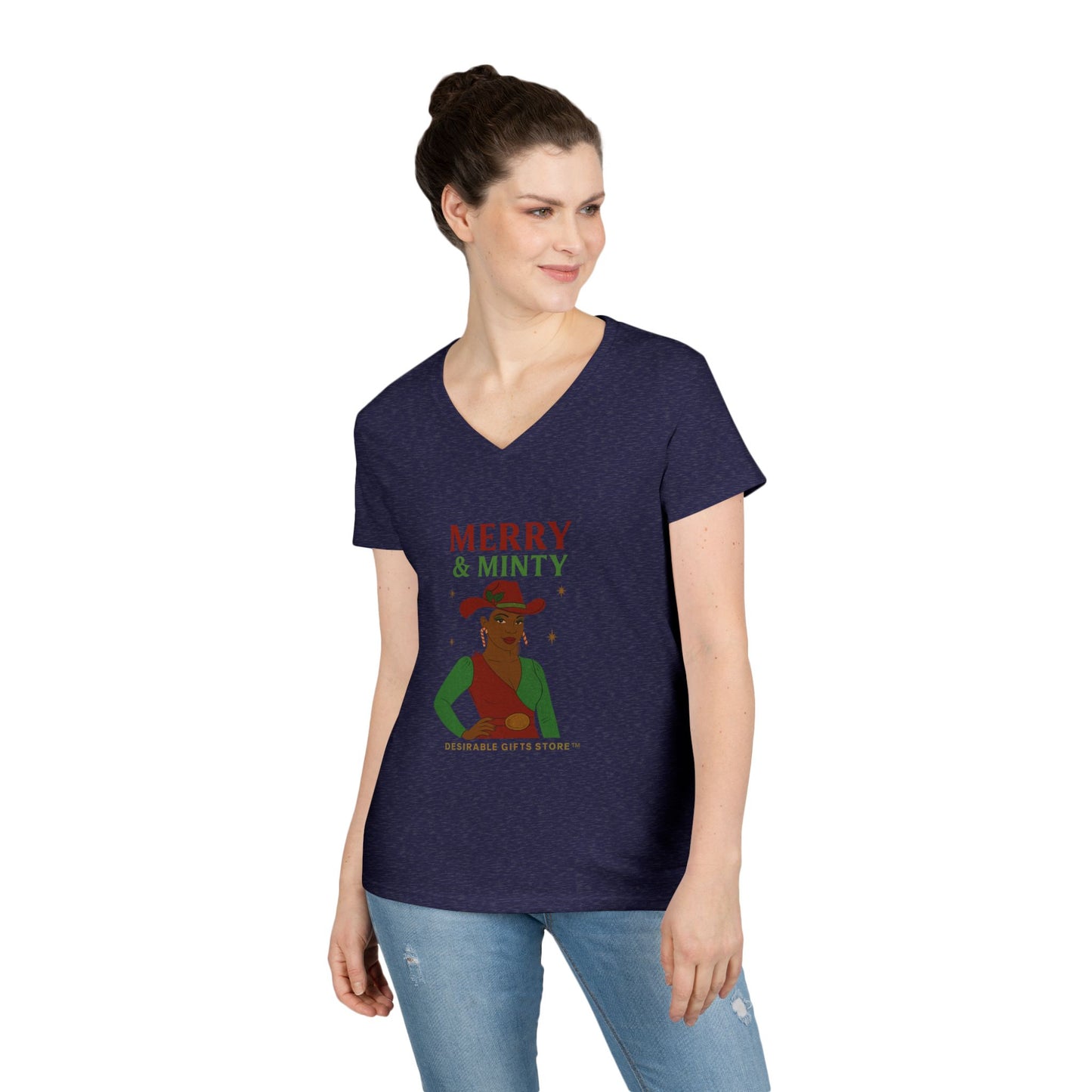 Merry & Minty V-Neck T-Shirt, Festive Ladies Tee, Holiday Shirt, Christmas Gift, Winter Apparel, Cute Casual Wear