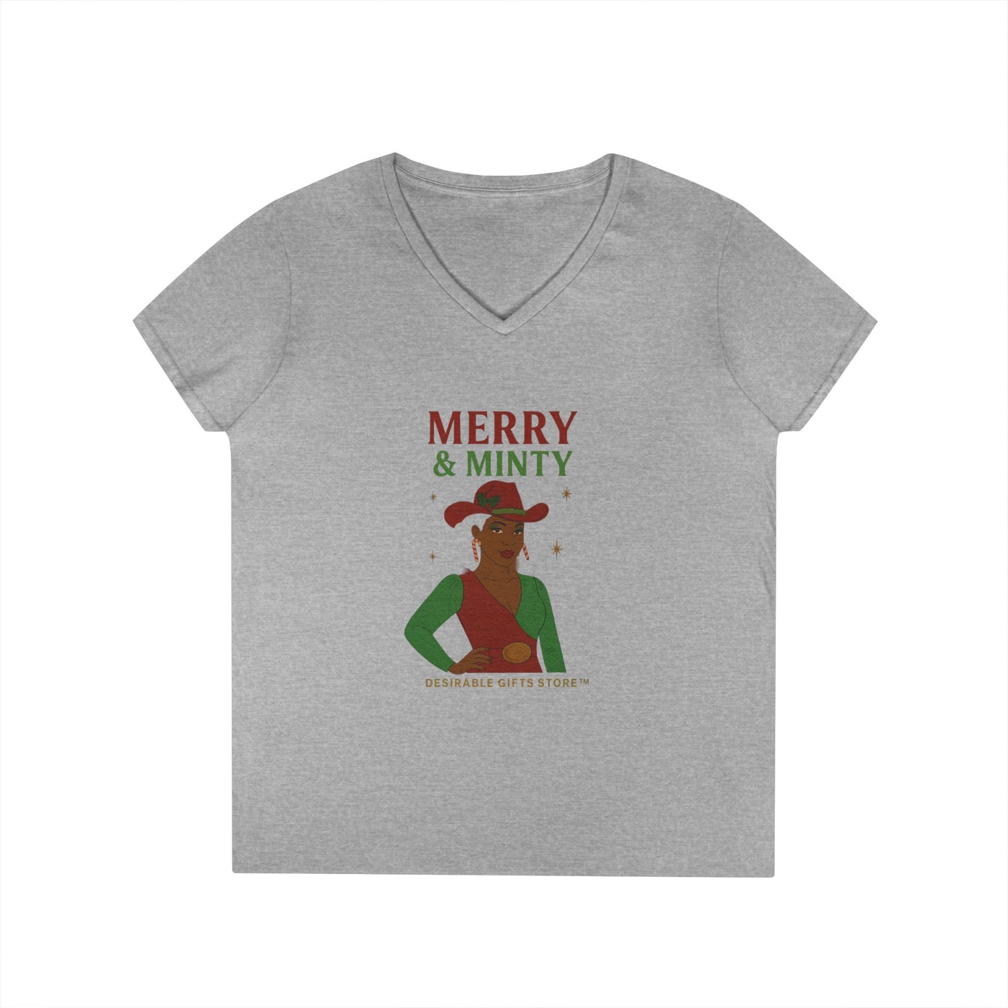 Merry & Minty V-Neck T-Shirt, Festive Ladies Tee, Holiday Shirt, Christmas Gift, Winter Apparel, Cute Casual Wear