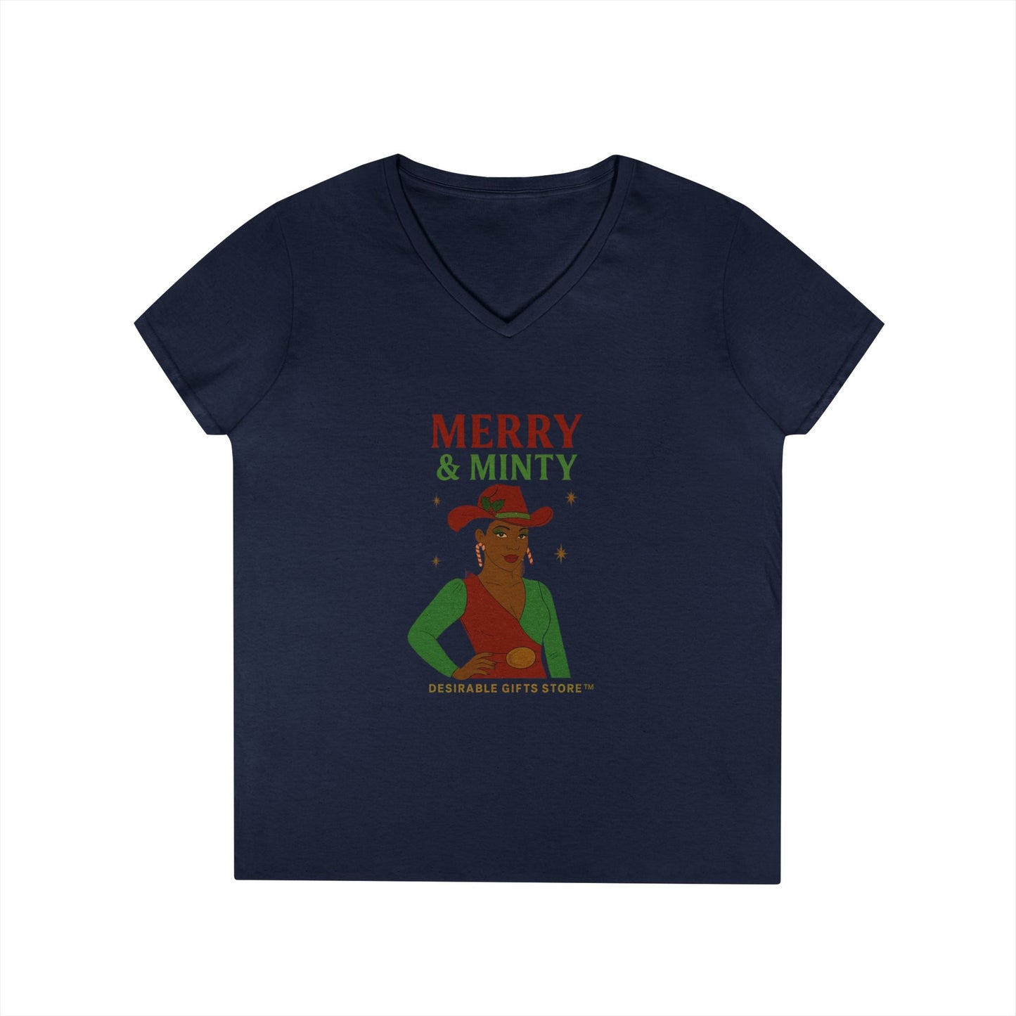 Merry & Minty V-Neck T-Shirt, Festive Ladies Tee, Holiday Shirt, Christmas Gift, Winter Apparel, Cute Casual Wear