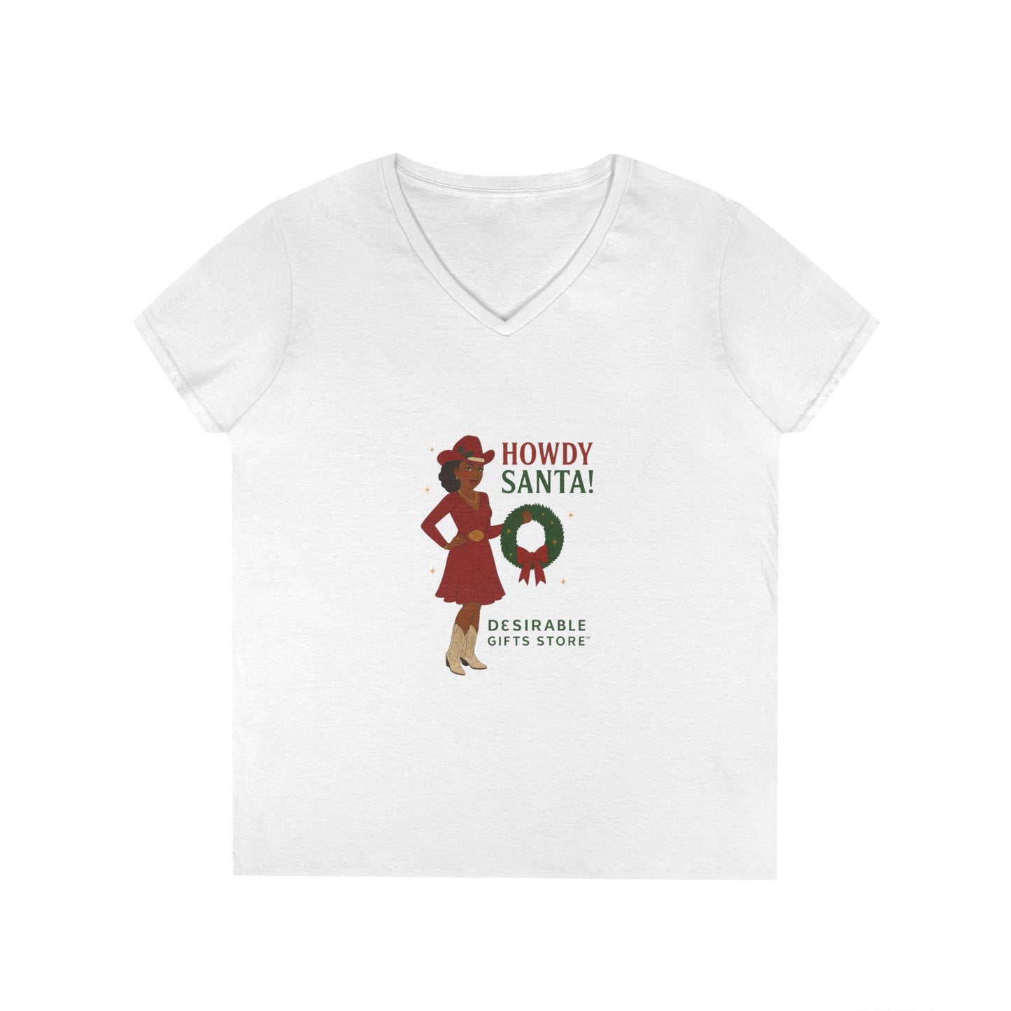 Holiday-Themed Ladies' V-Neck T-Shirt, Festive Casual Wear, Gift for Christmas, Playful Graphic Tee, Santa Design