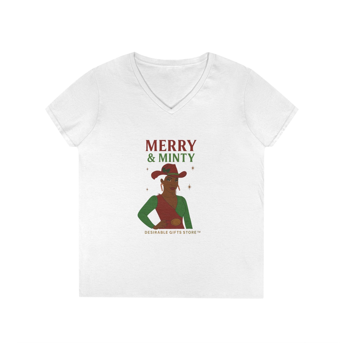 Merry & Minty V-Neck T-Shirt, Festive Ladies Tee, Holiday Shirt, Christmas Gift, Winter Apparel, Cute Casual Wear