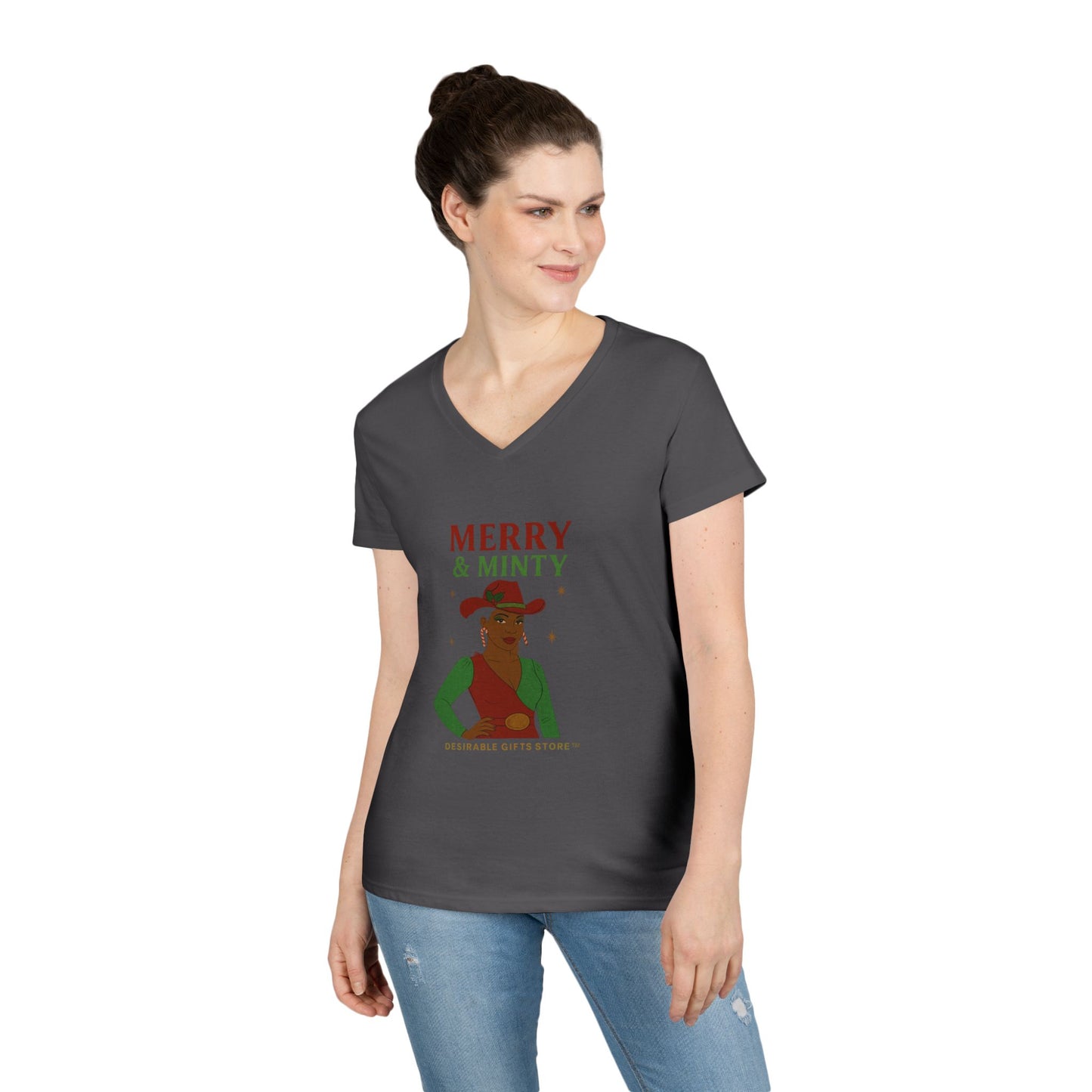Merry & Minty V-Neck T-Shirt, Festive Ladies Tee, Holiday Shirt, Christmas Gift, Winter Apparel, Cute Casual Wear
