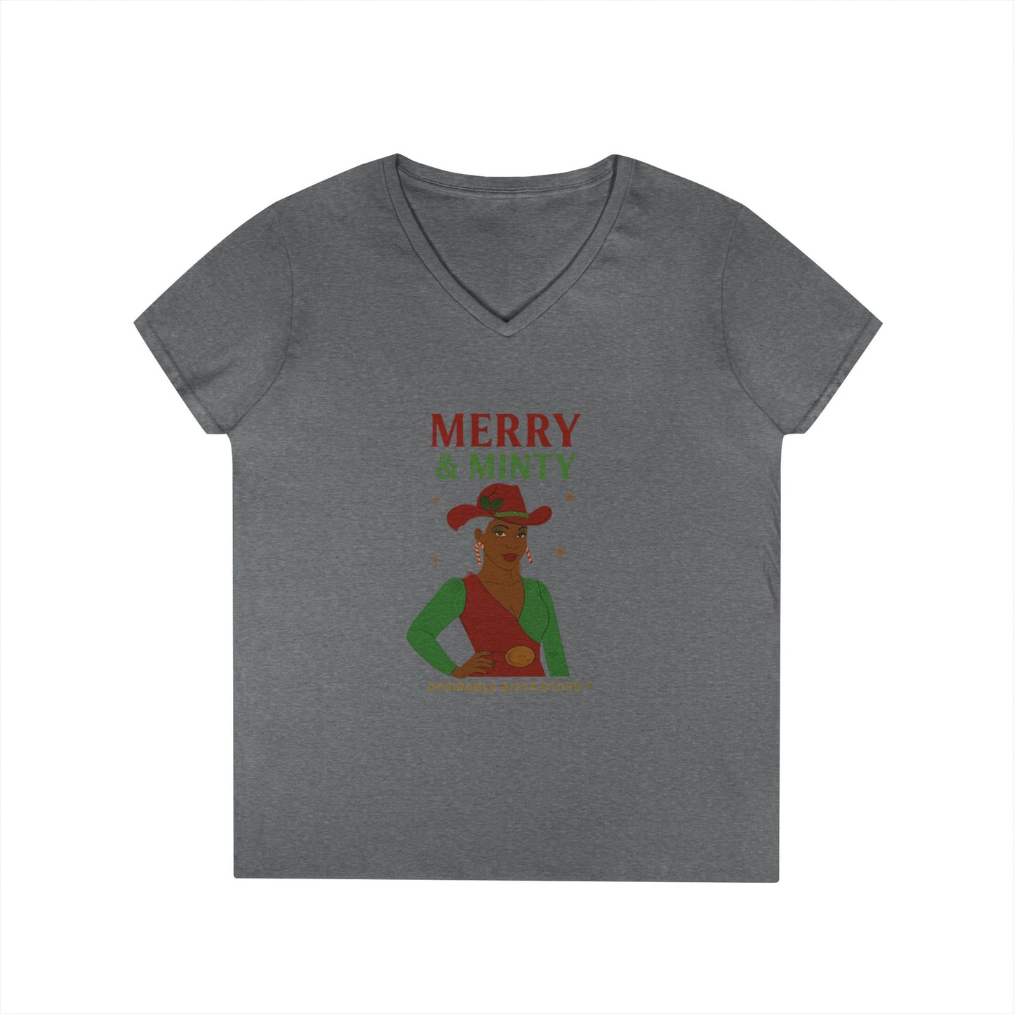 Merry & Minty V-Neck T-Shirt, Festive Ladies Tee, Holiday Shirt, Christmas Gift, Winter Apparel, Cute Casual Wear