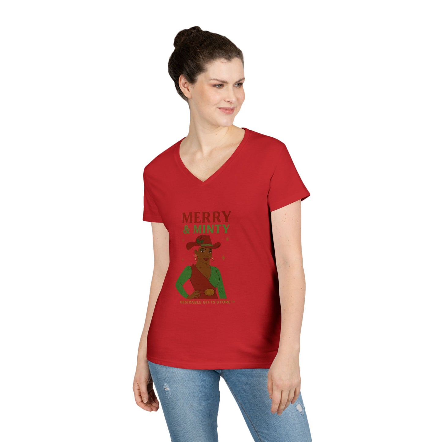 Merry & Minty V-Neck T-Shirt, Festive Ladies Tee, Holiday Shirt, Christmas Gift, Winter Apparel, Cute Casual Wear