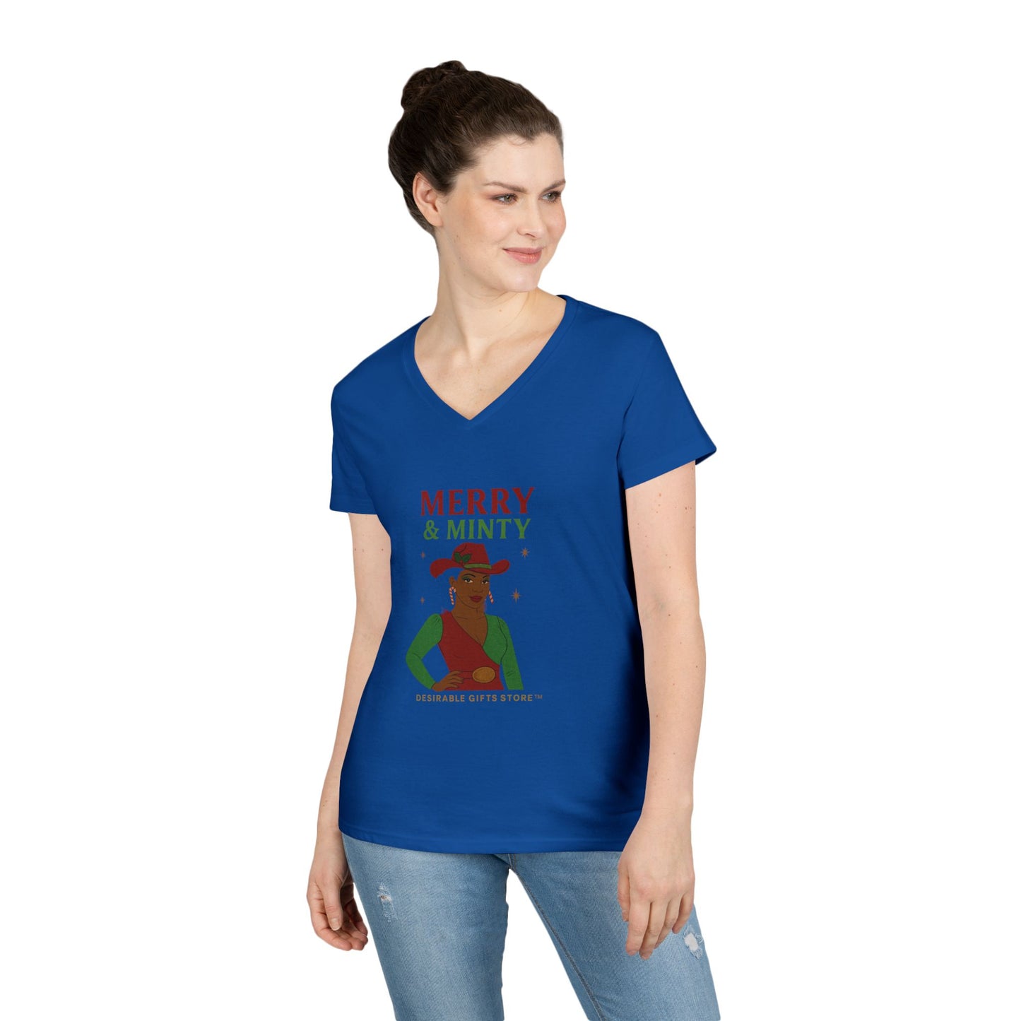 Merry & Minty V-Neck T-Shirt, Festive Ladies Tee, Holiday Shirt, Christmas Gift, Winter Apparel, Cute Casual Wear