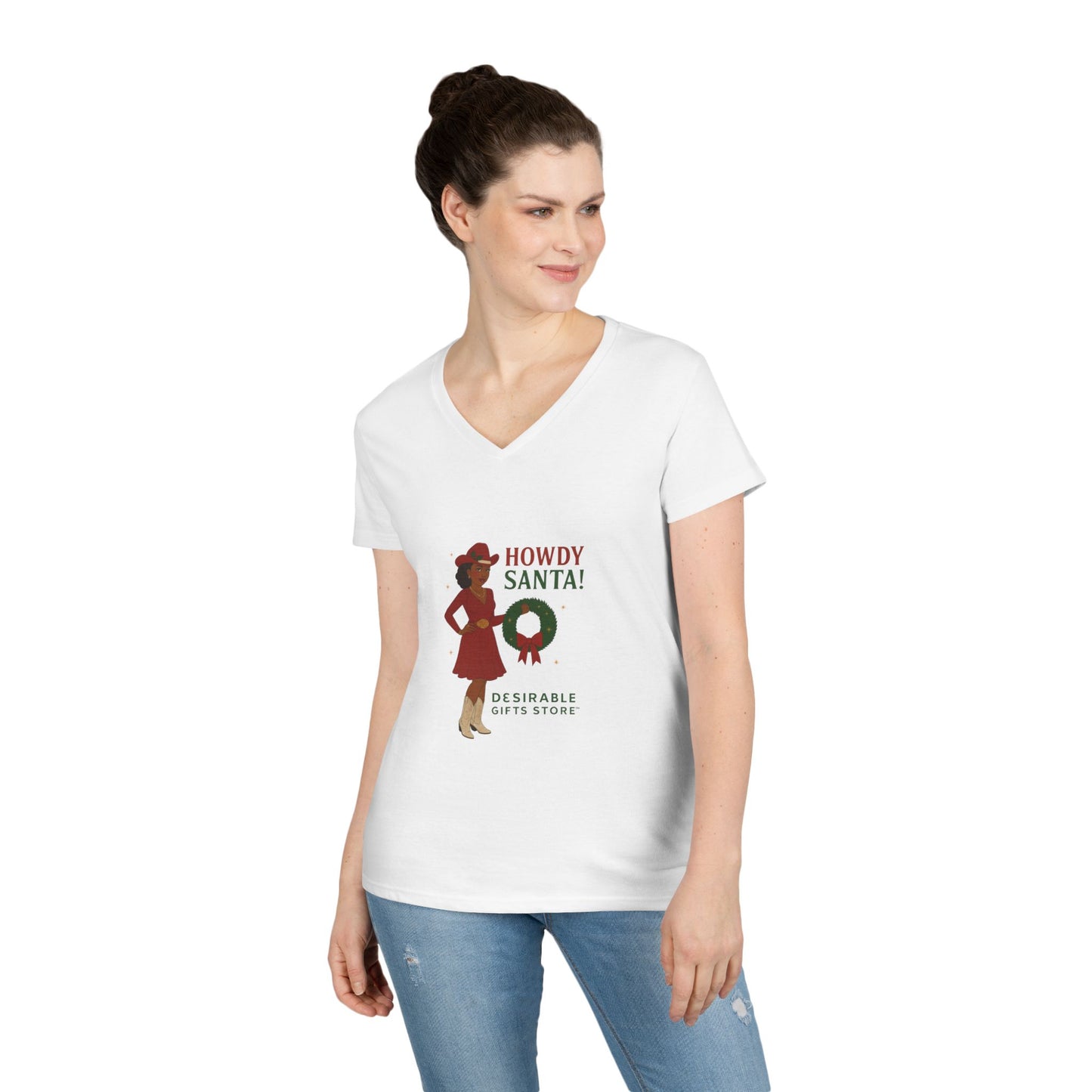 Holiday-Themed Ladies' V-Neck T-Shirt, Festive Casual Wear, Gift for Christmas, Playful Graphic Tee, Santa Design