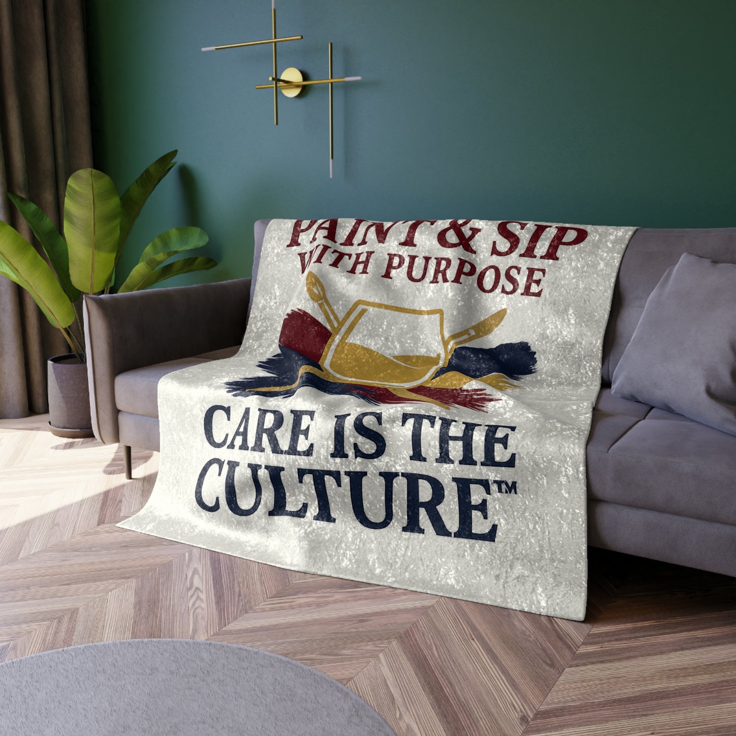Crushed Velvet Blanket - "Paint & Sip With Purpose" Wine Glass Art Throw (Care Is The Culture)
