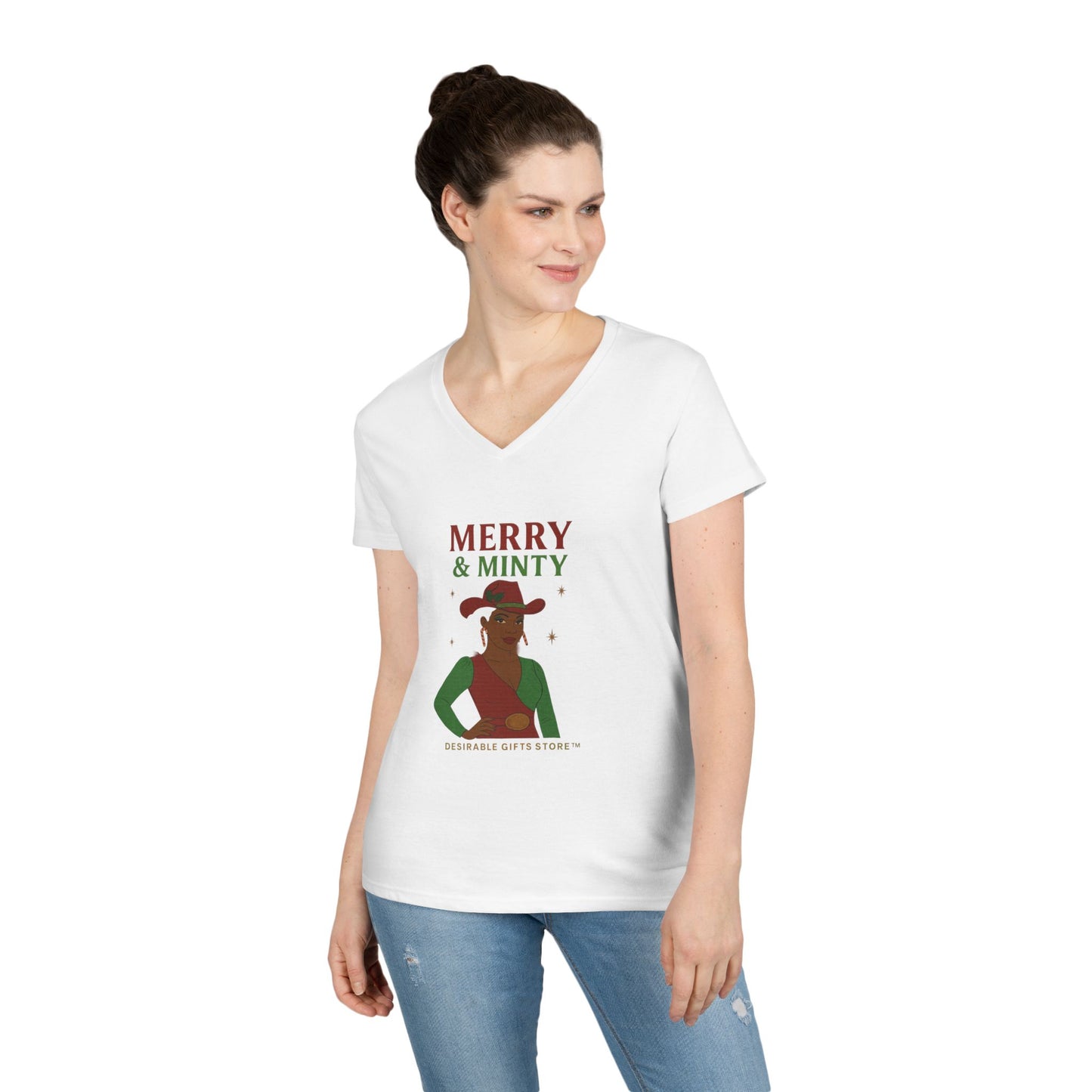 Merry & Minty V-Neck T-Shirt, Festive Ladies Tee, Holiday Shirt, Christmas Gift, Winter Apparel, Cute Casual Wear