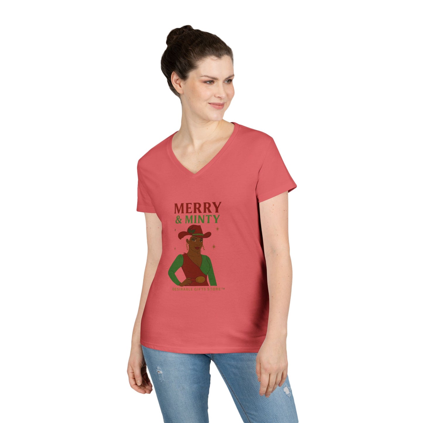Merry & Minty V-Neck T-Shirt, Festive Ladies Tee, Holiday Shirt, Christmas Gift, Winter Apparel, Cute Casual Wear