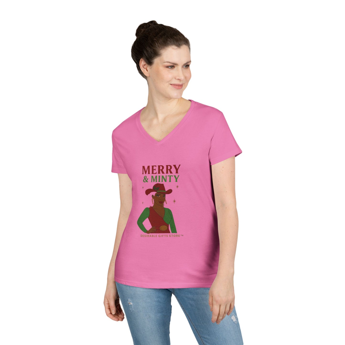Merry & Minty V-Neck T-Shirt, Festive Ladies Tee, Holiday Shirt, Christmas Gift, Winter Apparel, Cute Casual Wear