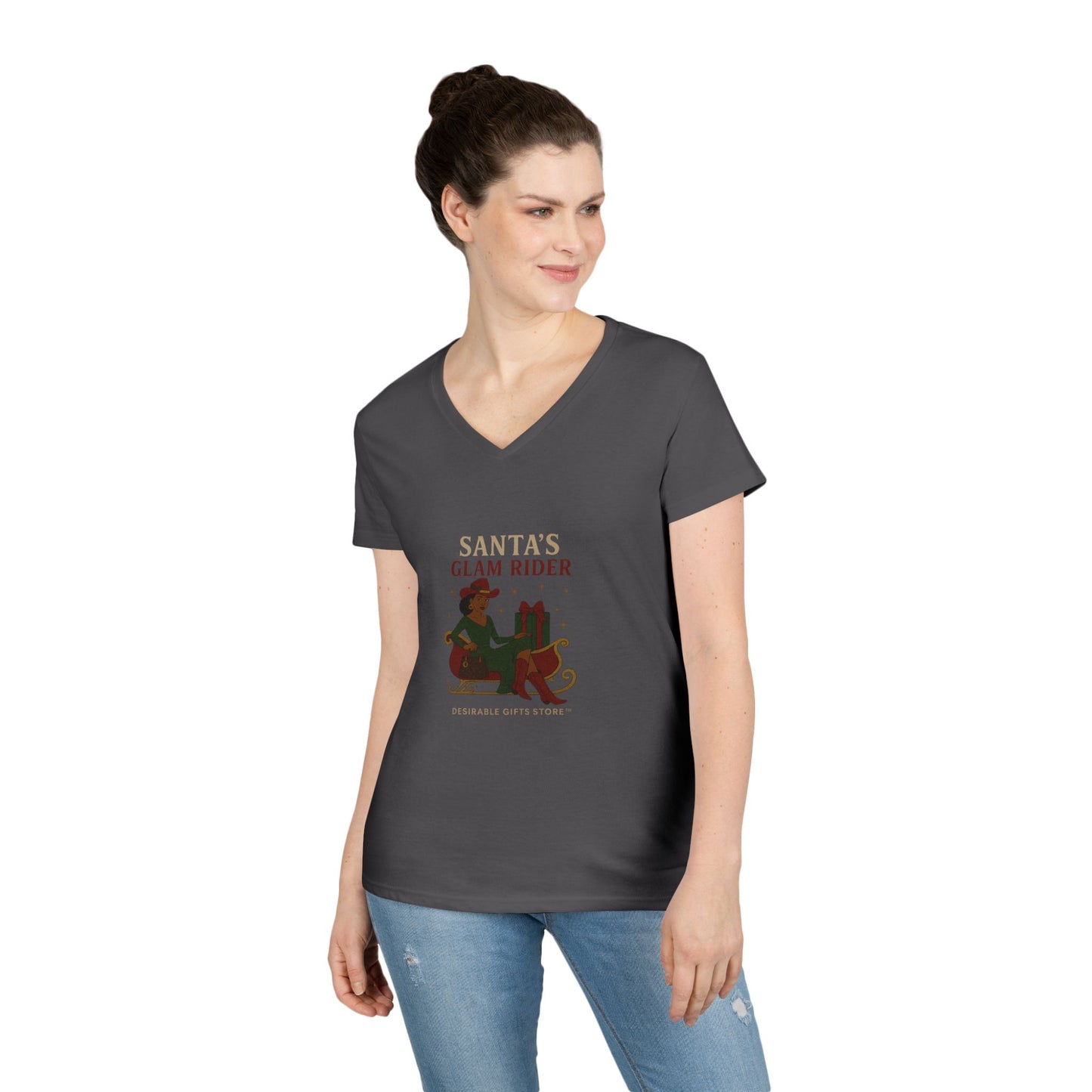 Santa's Glam Rider V-Neck T-Shirt, Christmas Tee, Holiday Gift, Cute Santa Shirt, Women’s Festive Wear, Funny Christmas Apparel