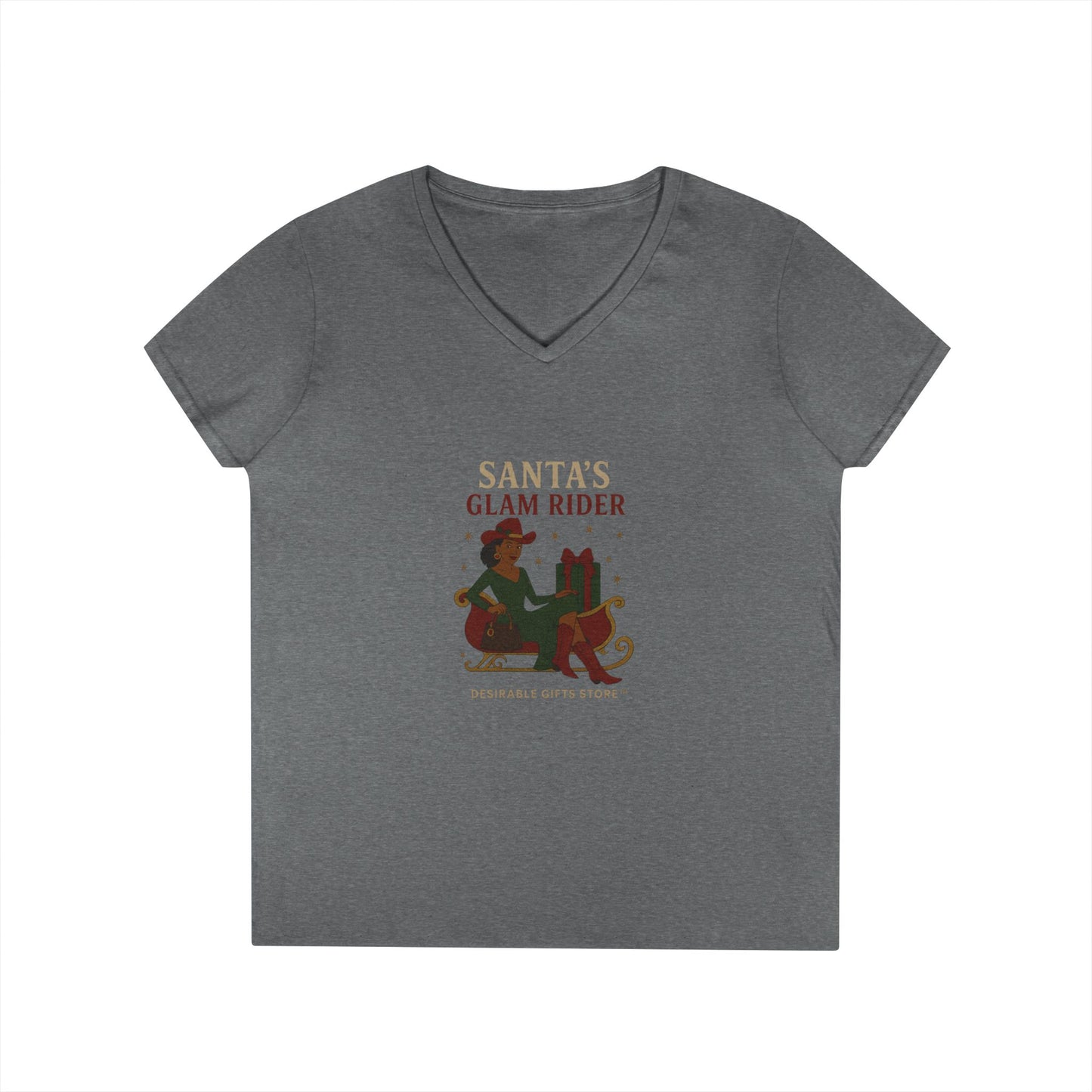 Santa's Glam Rider V-Neck T-Shirt, Christmas Tee, Holiday Gift, Cute Santa Shirt, Women’s Festive Wear, Funny Christmas Apparel