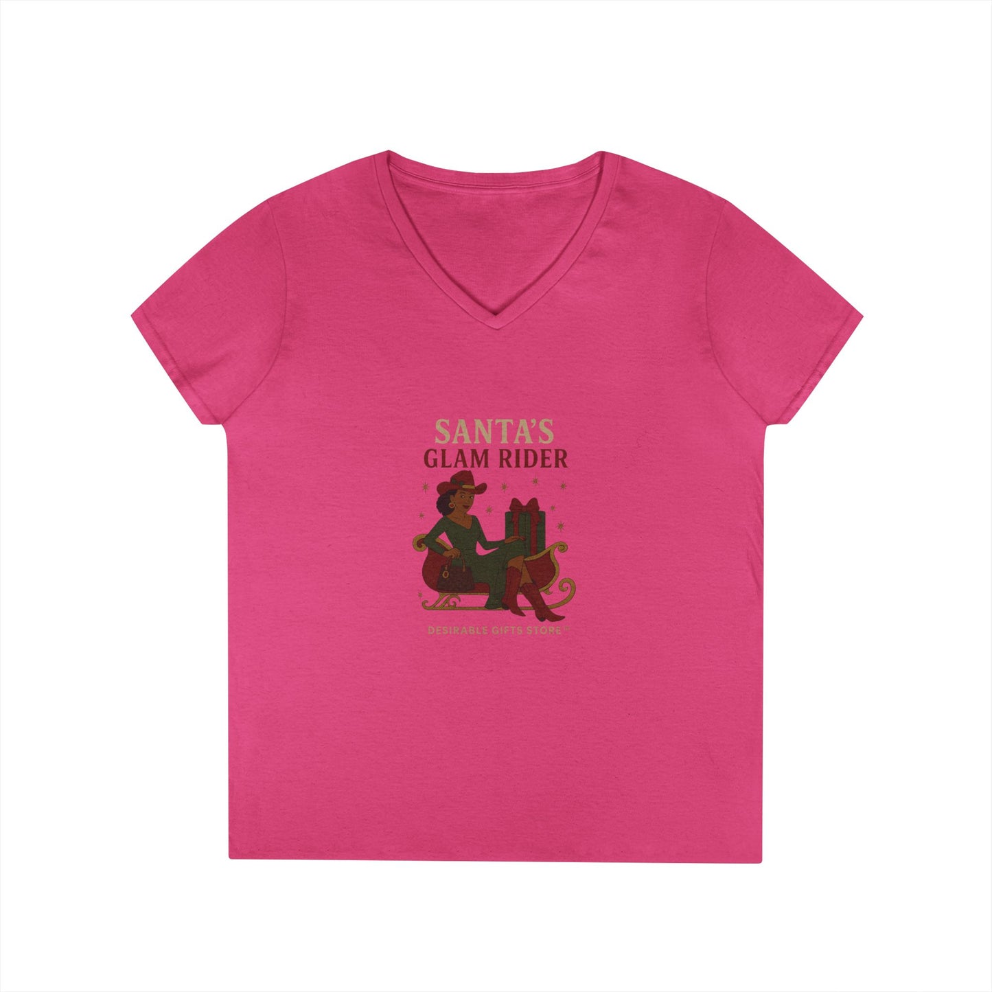 Santa's Glam Rider V-Neck T-Shirt, Christmas Tee, Holiday Gift, Cute Santa Shirt, Women’s Festive Wear, Funny Christmas Apparel