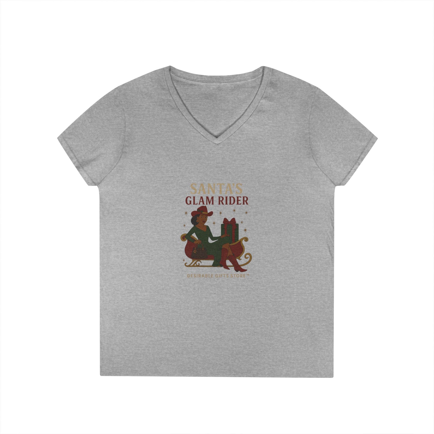 Santa's Glam Rider V-Neck T-Shirt, Christmas Tee, Holiday Gift, Cute Santa Shirt, Women’s Festive Wear, Funny Christmas Apparel
