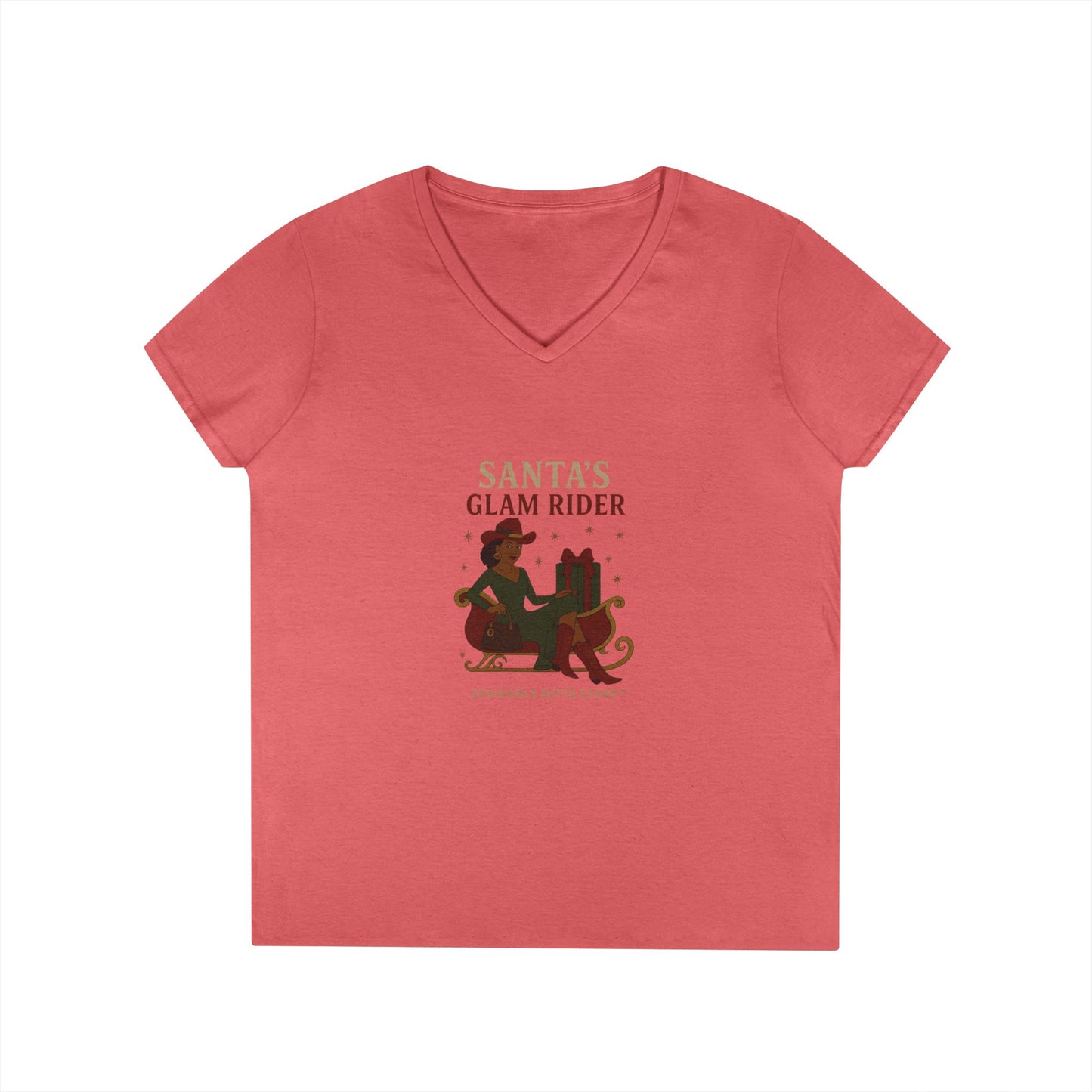 Santa's Glam Rider V-Neck T-Shirt, Christmas Tee, Holiday Gift, Cute Santa Shirt, Women’s Festive Wear, Funny Christmas Apparel