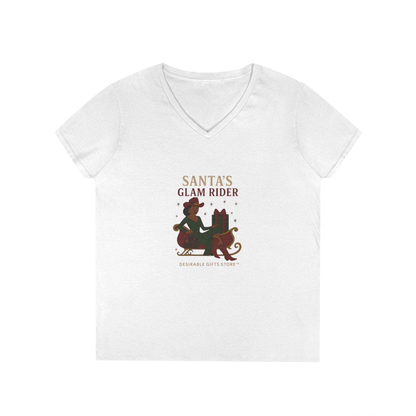 Santa's Glam Rider V-Neck T-Shirt, Christmas Tee, Holiday Gift, Cute Santa Shirt, Women’s Festive Wear, Funny Christmas Apparel