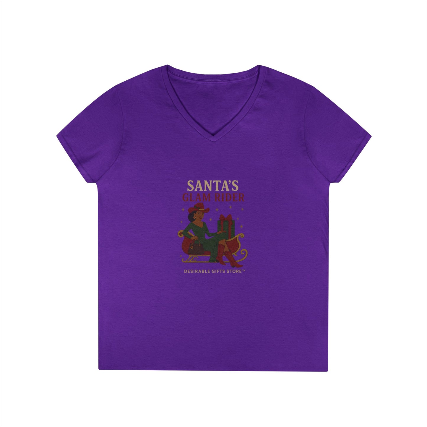 Santa's Glam Rider V-Neck T-Shirt, Christmas Tee, Holiday Gift, Cute Santa Shirt, Women’s Festive Wear, Funny Christmas Apparel
