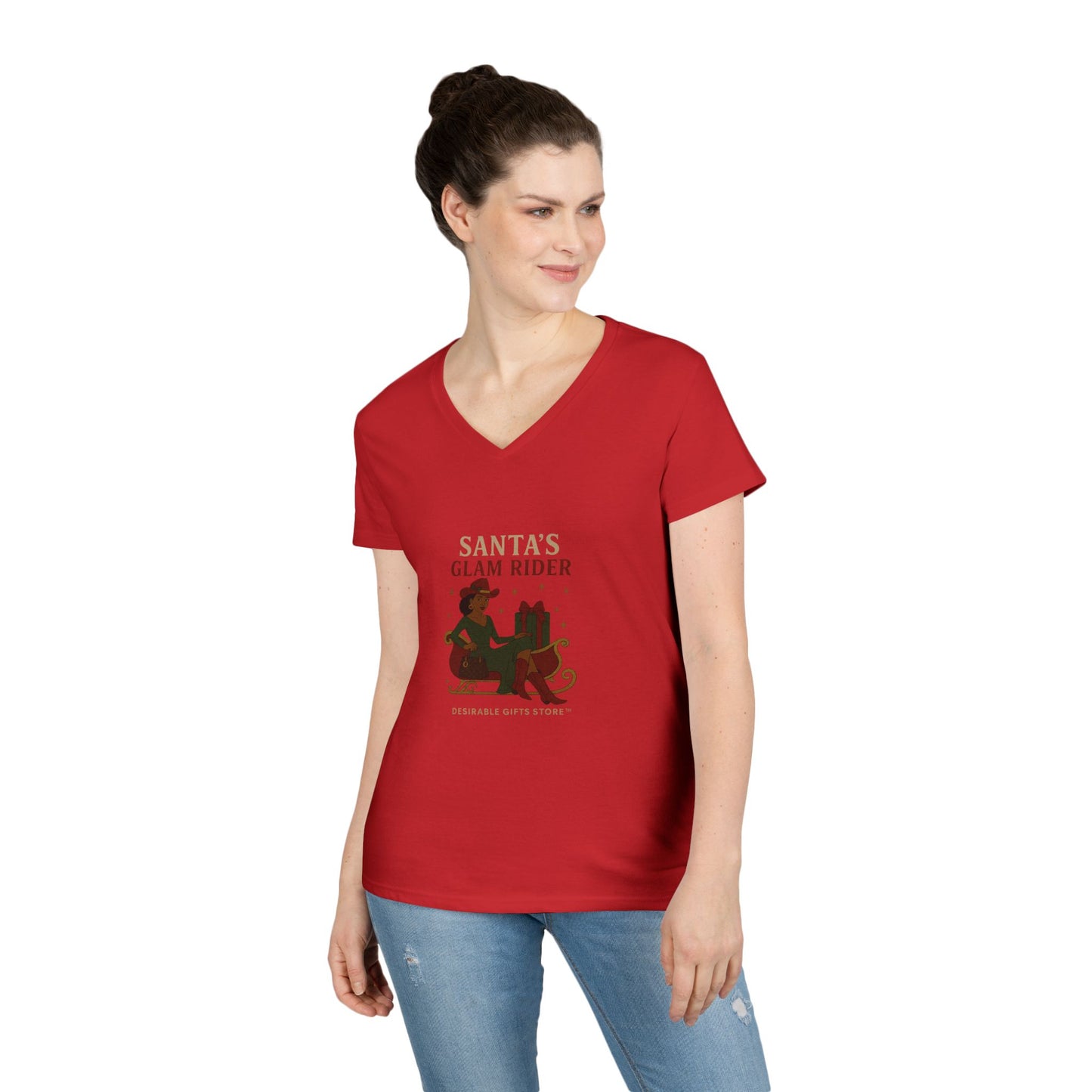 Santa's Glam Rider V-Neck T-Shirt, Christmas Tee, Holiday Gift, Cute Santa Shirt, Women’s Festive Wear, Funny Christmas Apparel