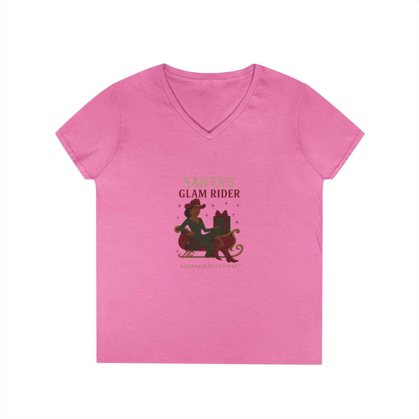 Santa's Glam Rider V-Neck T-Shirt, Christmas Tee, Holiday Gift, Cute Santa Shirt, Women’s Festive Wear, Funny Christmas Apparel