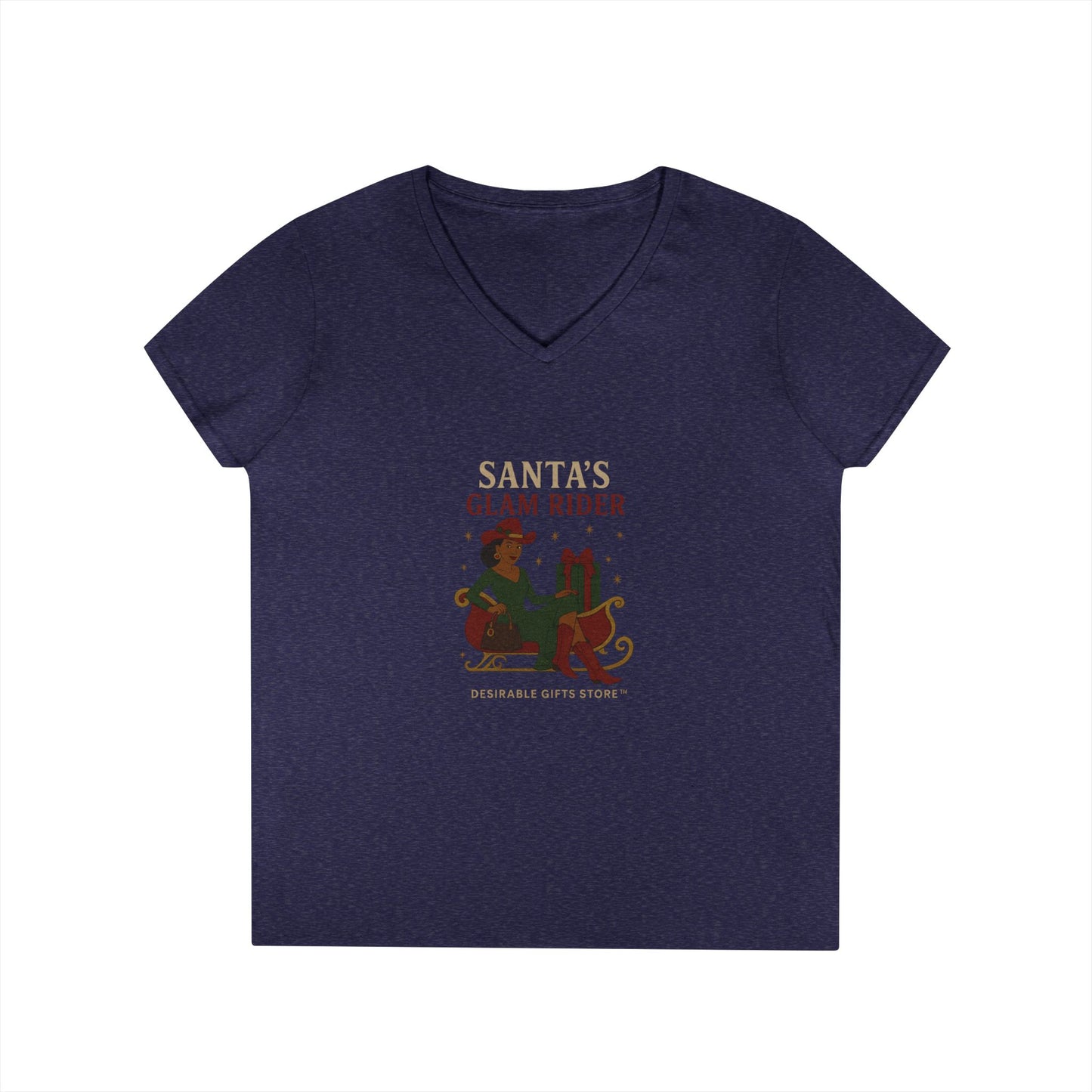 Santa's Glam Rider V-Neck T-Shirt, Christmas Tee, Holiday Gift, Cute Santa Shirt, Women’s Festive Wear, Funny Christmas Apparel