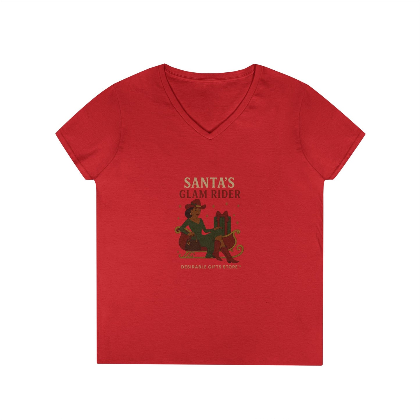 Santa's Glam Rider V-Neck T-Shirt, Christmas Tee, Holiday Gift, Cute Santa Shirt, Women’s Festive Wear, Funny Christmas Apparel