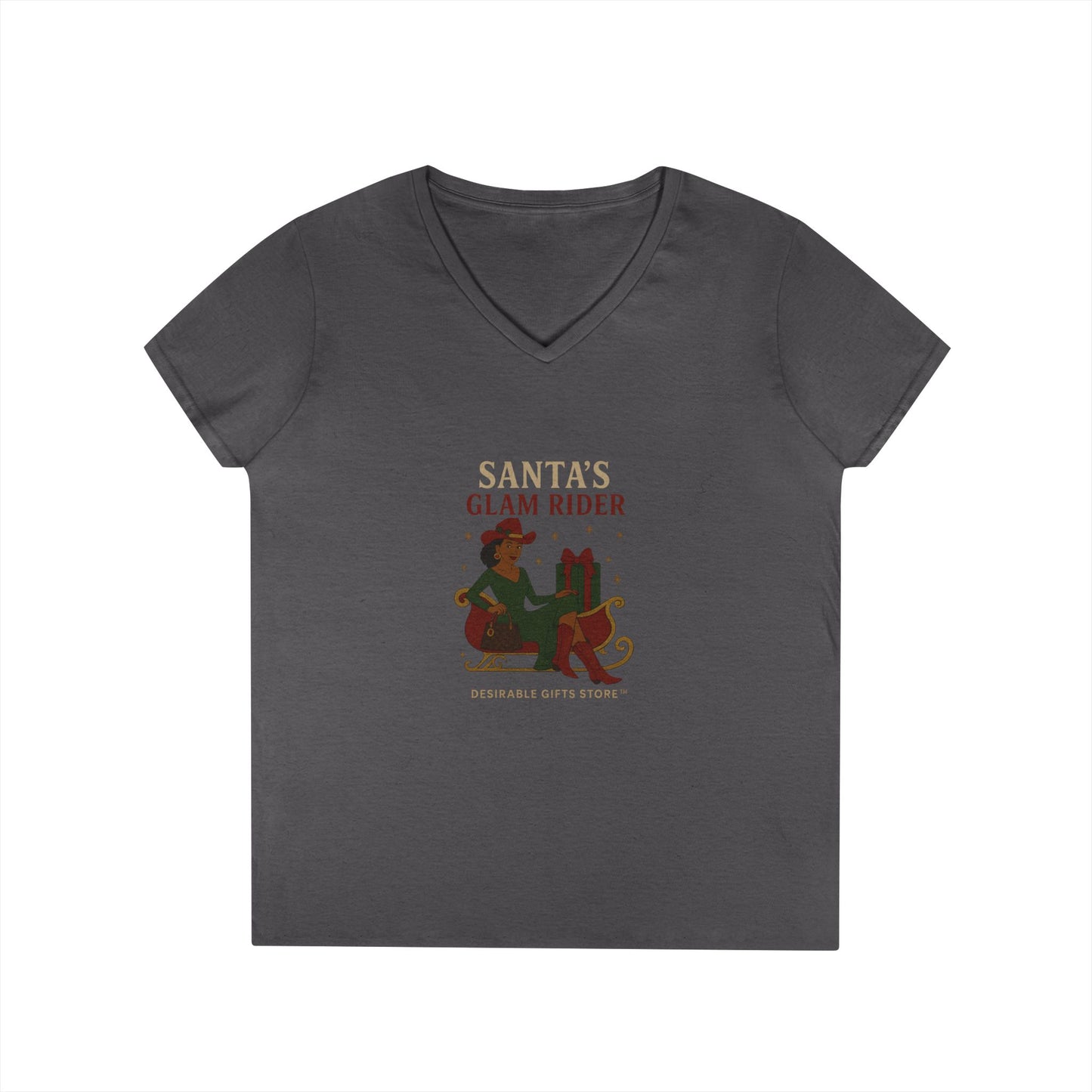 Santa's Glam Rider V-Neck T-Shirt, Christmas Tee, Holiday Gift, Cute Santa Shirt, Women’s Festive Wear, Funny Christmas Apparel