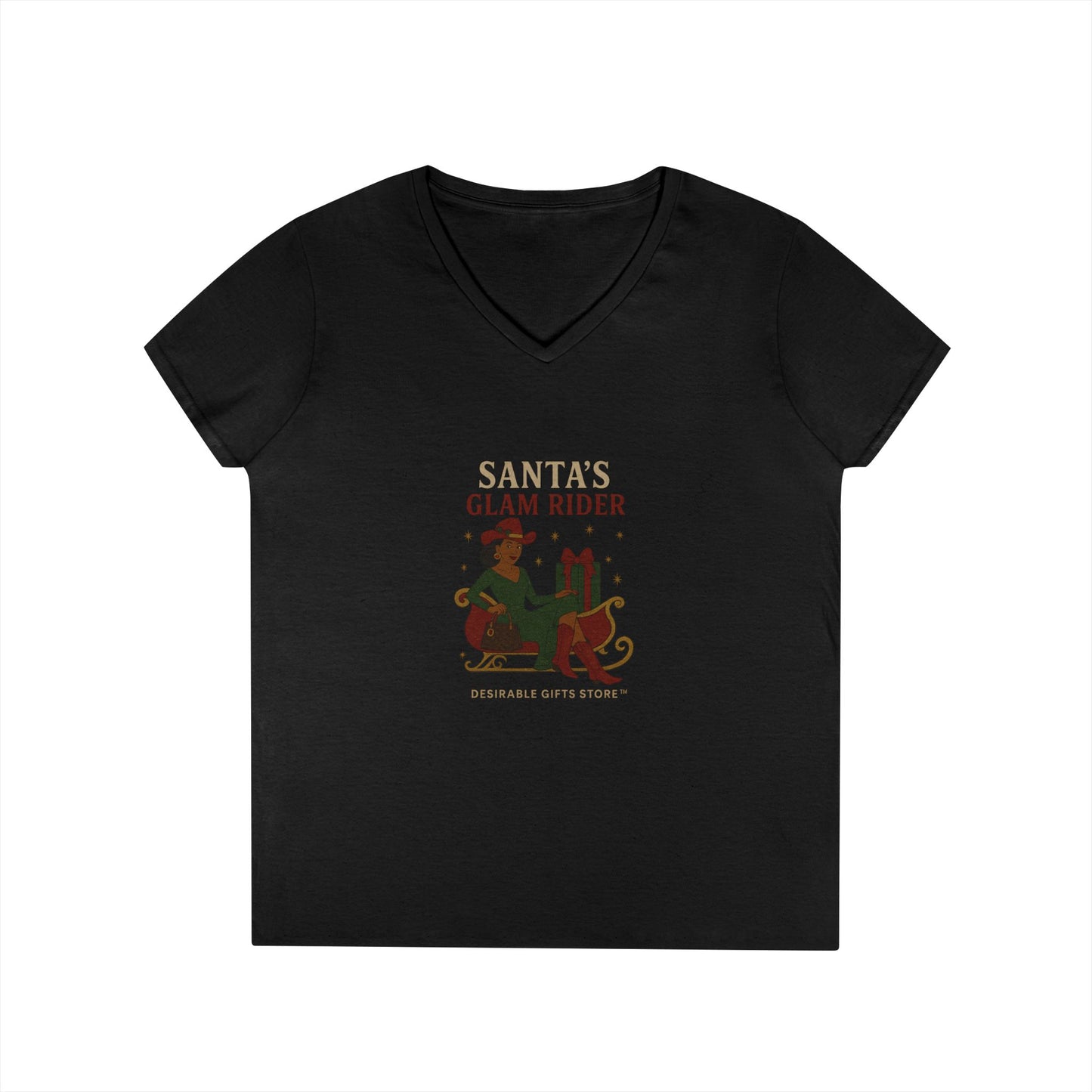 Santa's Glam Rider V-Neck T-Shirt, Christmas Tee, Holiday Gift, Cute Santa Shirt, Women’s Festive Wear, Funny Christmas Apparel