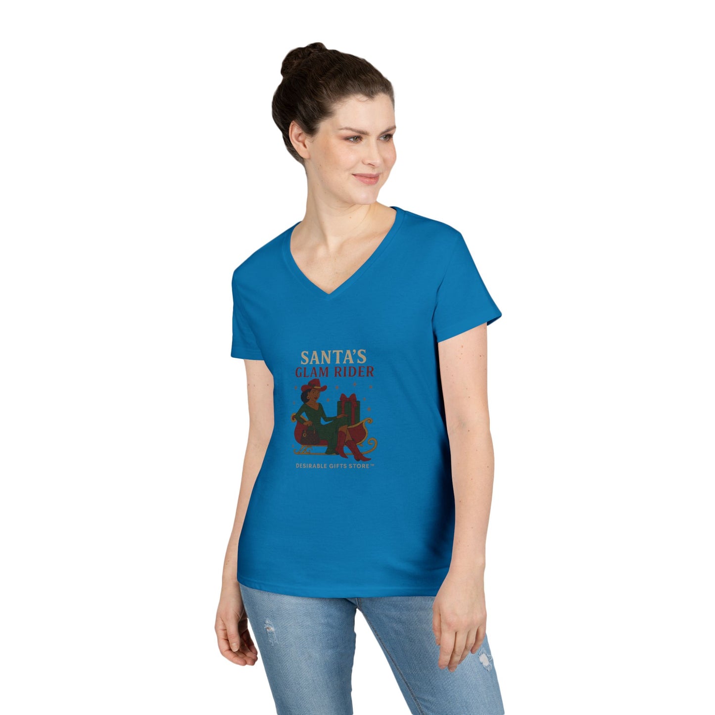 Santa's Glam Rider V-Neck T-Shirt, Christmas Tee, Holiday Gift, Cute Santa Shirt, Women’s Festive Wear, Funny Christmas Apparel