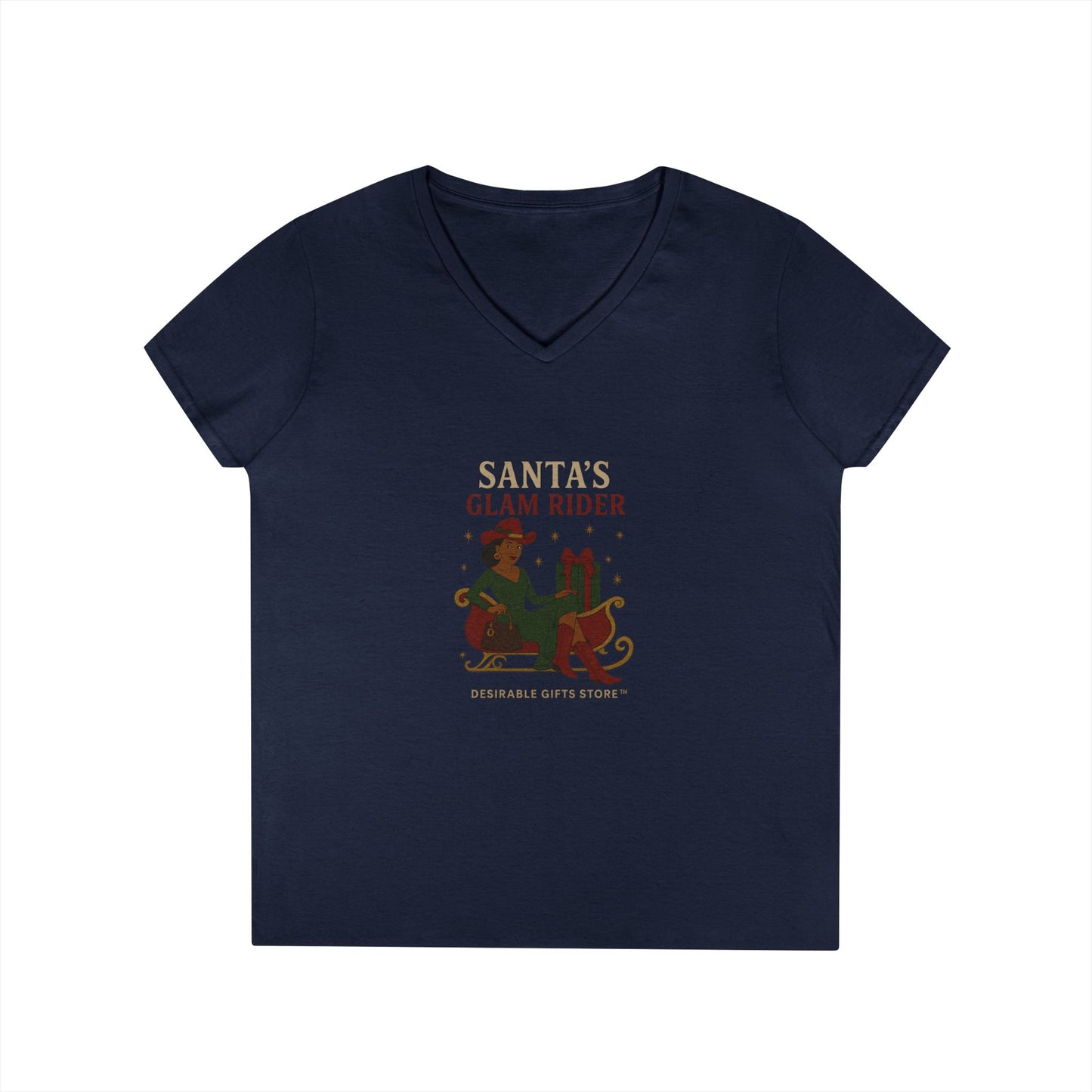 Santa's Glam Rider V-Neck T-Shirt, Christmas Tee, Holiday Gift, Cute Santa Shirt, Women’s Festive Wear, Funny Christmas Apparel
