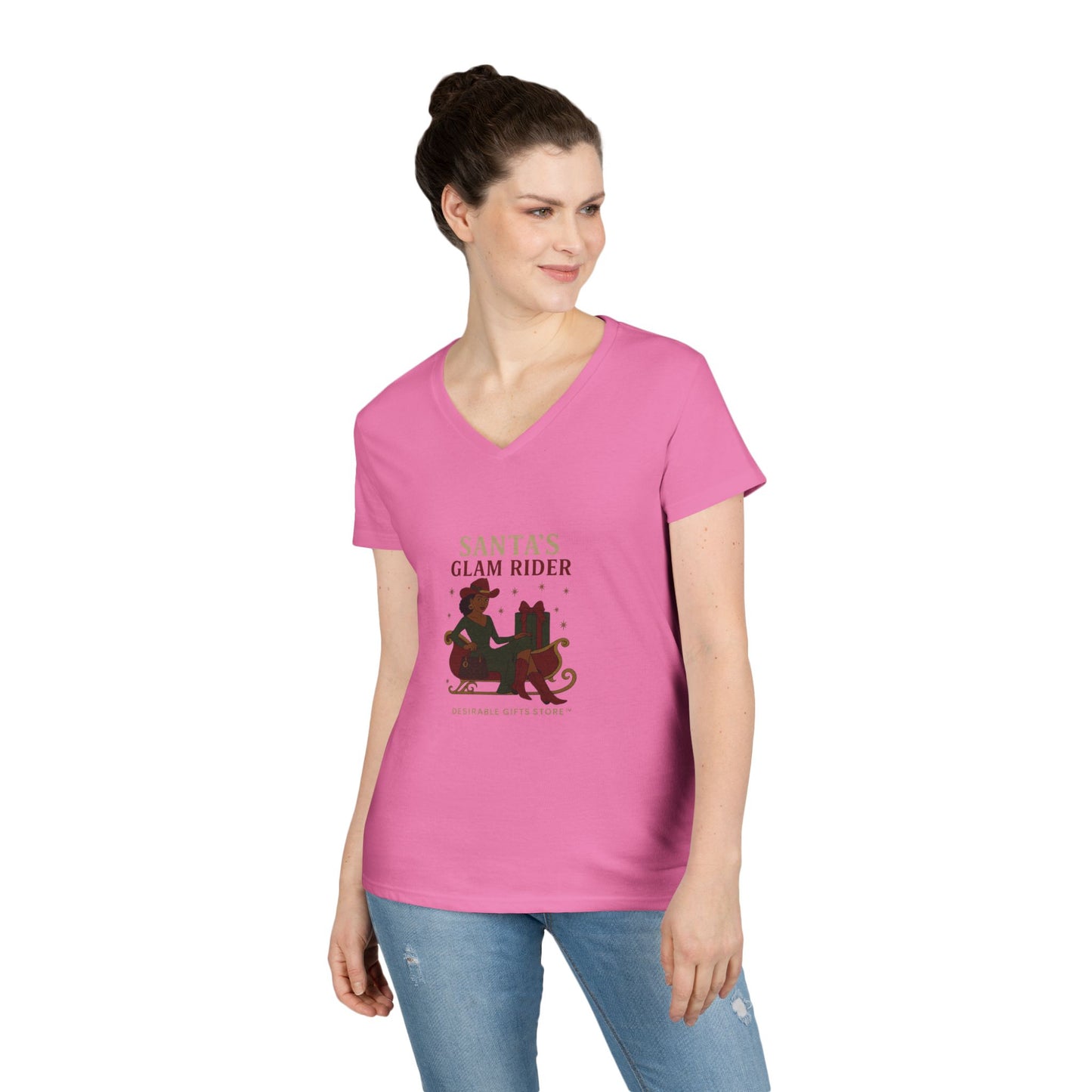 Santa's Glam Rider V-Neck T-Shirt, Christmas Tee, Holiday Gift, Cute Santa Shirt, Women’s Festive Wear, Funny Christmas Apparel