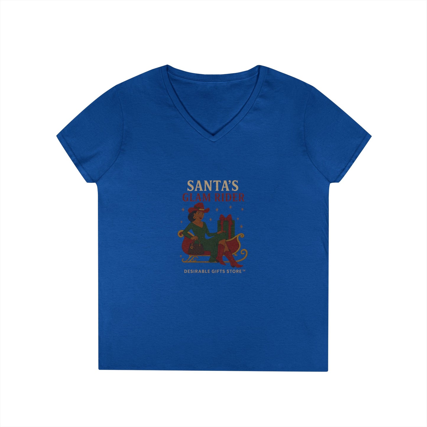 Santa's Glam Rider V-Neck T-Shirt, Christmas Tee, Holiday Gift, Cute Santa Shirt, Women’s Festive Wear, Funny Christmas Apparel
