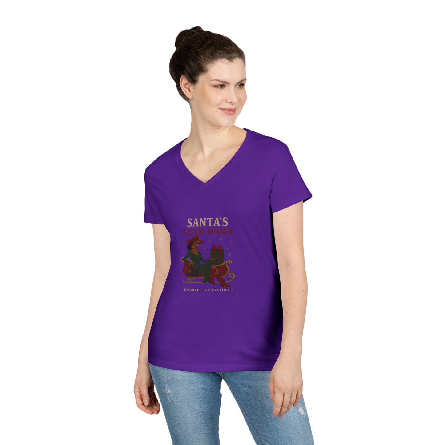 Santa's Glam Rider V-Neck T-Shirt, Christmas Tee, Holiday Gift, Cute Santa Shirt, Women’s Festive Wear, Funny Christmas Apparel