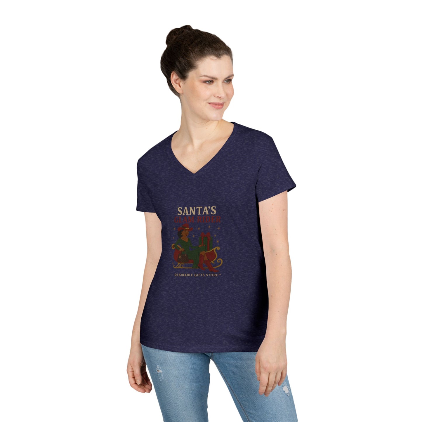Santa's Glam Rider V-Neck T-Shirt, Christmas Tee, Holiday Gift, Cute Santa Shirt, Women’s Festive Wear, Funny Christmas Apparel
