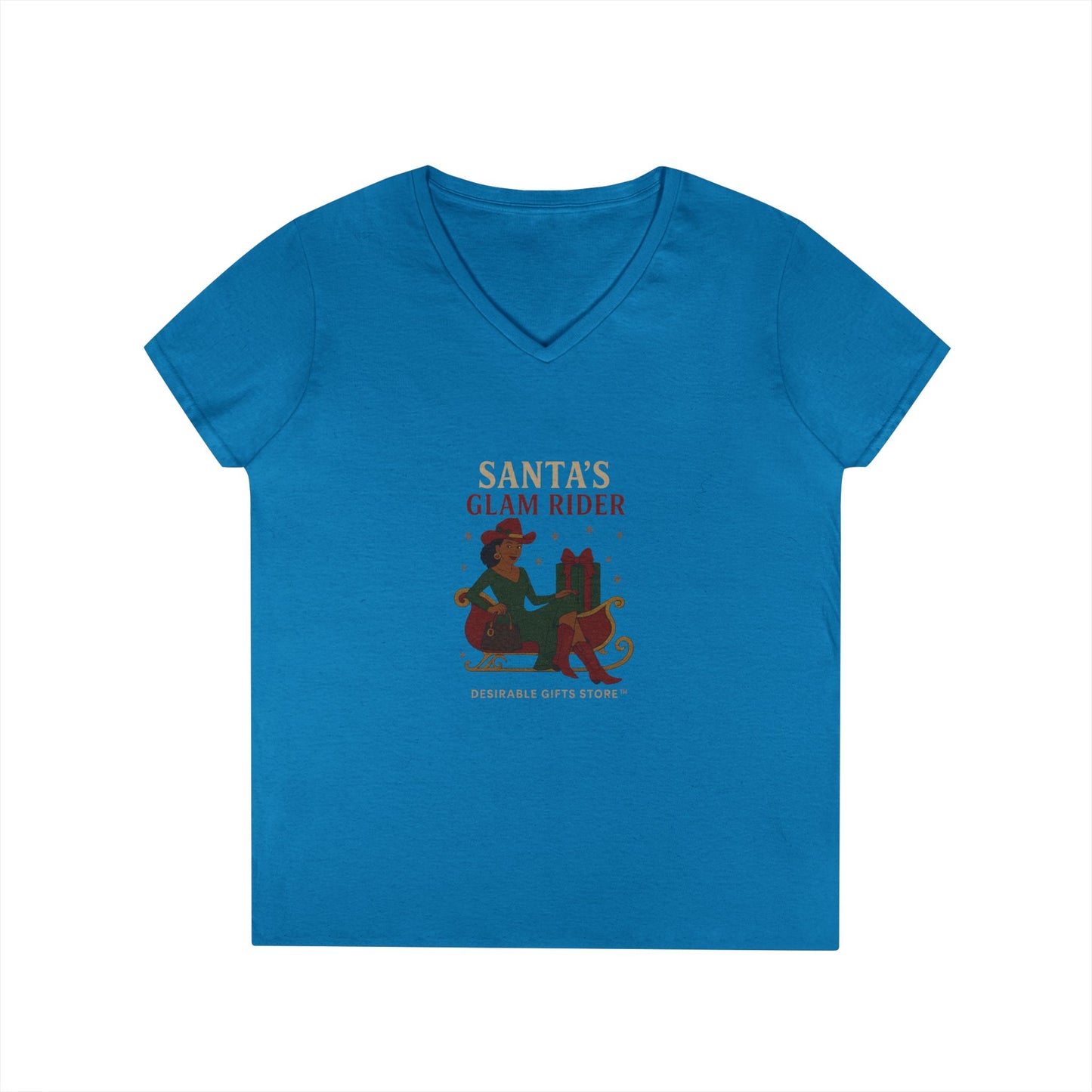 Santa's Glam Rider V-Neck T-Shirt, Christmas Tee, Holiday Gift, Cute Santa Shirt, Women’s Festive Wear, Funny Christmas Apparel